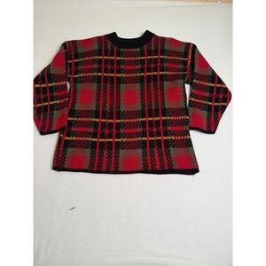 Vintage Croquet Club Plaid Knit Sweater Red Black Green Made in USA Large